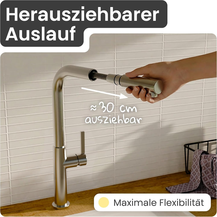 instmaier Cassia | Küchenarmatur mit herausziehbarem Auslauf | Edelstahl | Wasserhahn Küche 360° sch