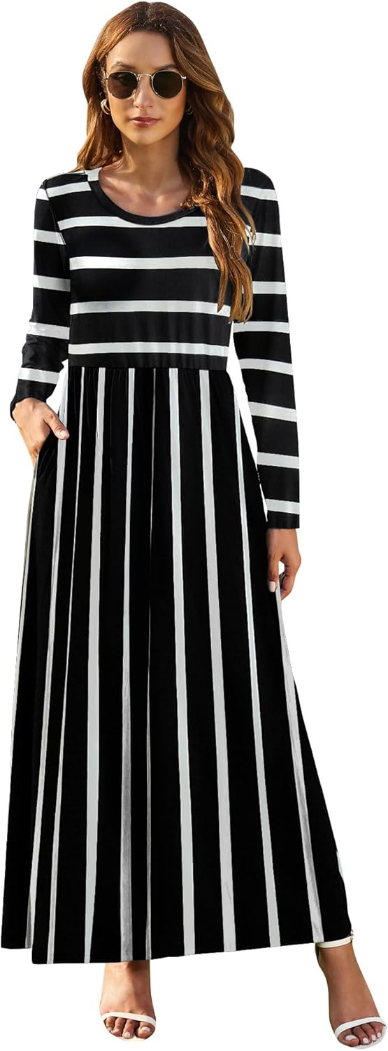 AUSELILY Damen Langarm Maxikleider Lässige Langkleider mit Taschen… XL Schwarze Weisse Streifen, XL