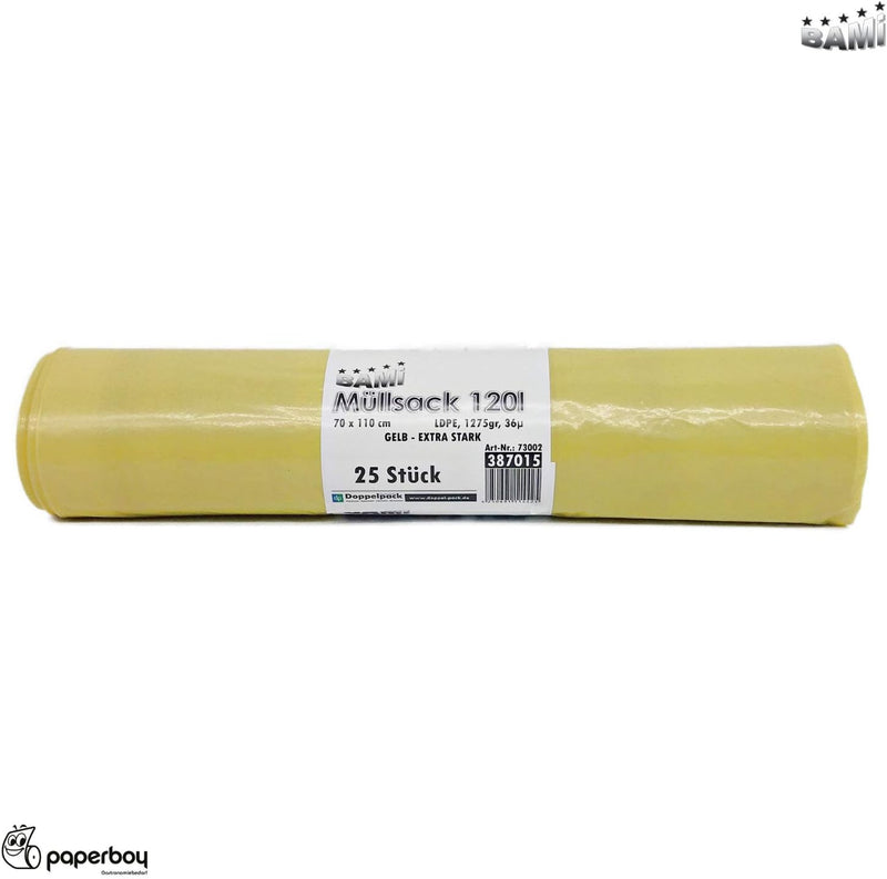 BAMI 250 Stück Müllbeutel Müllsack Abfallsack 120 Liter 70 x 110 cm, LDPE Typ60-36µ (á Rolle 1275g)