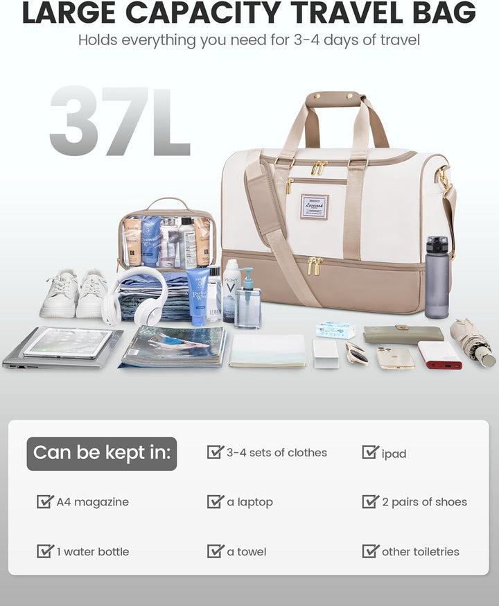 LOVEVOOK Reisetasche Handgepäck Damen, 37L Weekender Travel Duffle Carry on Bag mit Kulturtasche, Sc