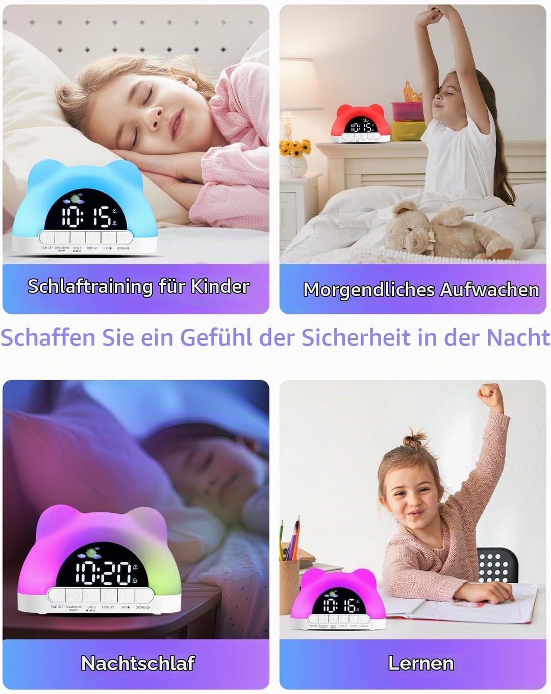 PERMUST Wecker Kinder 10 Weckerlärme, 11 RGB-Farben, 2 Alarme + Snooze, Schlaftrainer, Einstellbare