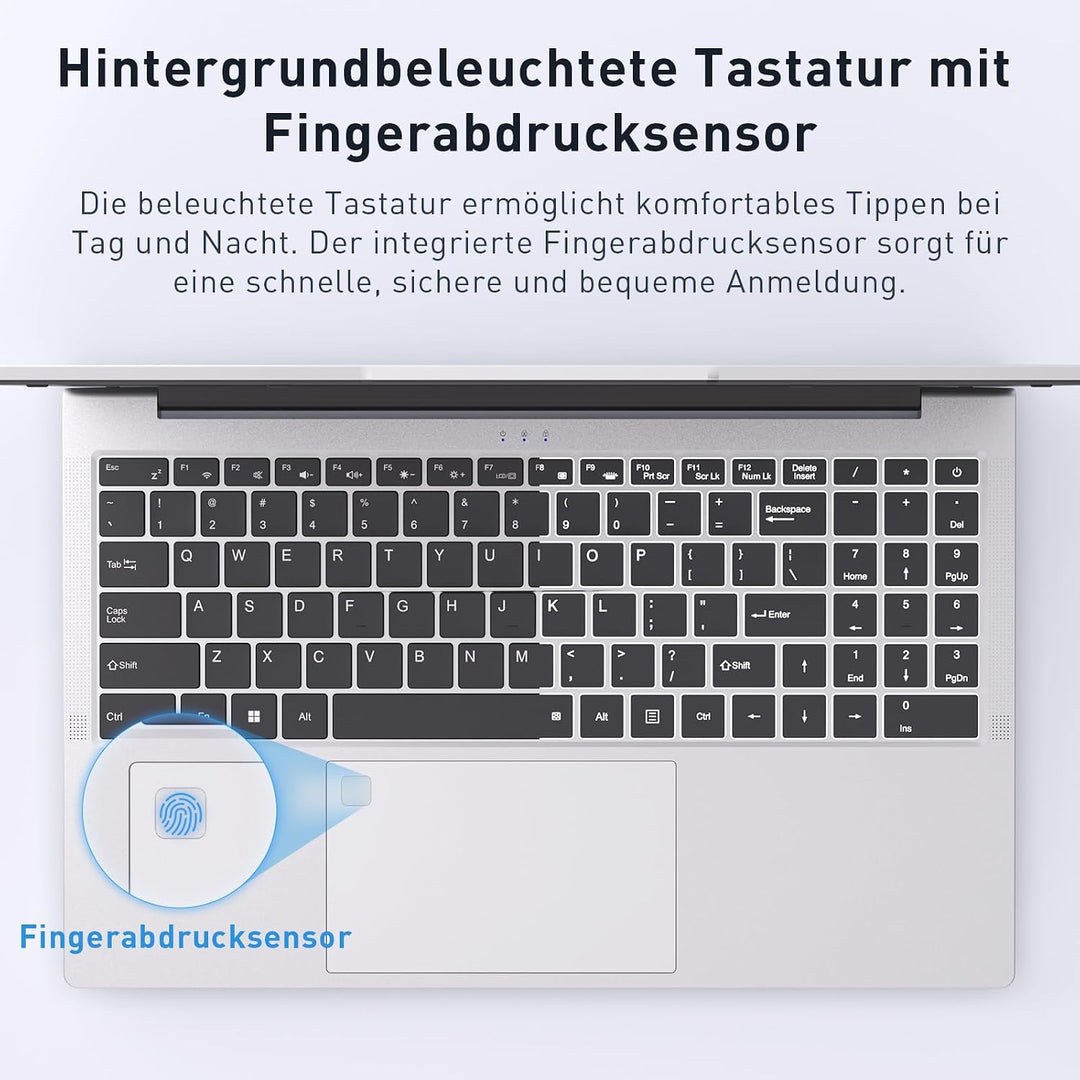 Auusda Laptop 15,6 Zoll Notebook, 16GB DDR4 RAM 512GB SSD, 3250C Prozessor, Fingerabdrucksensor, bel