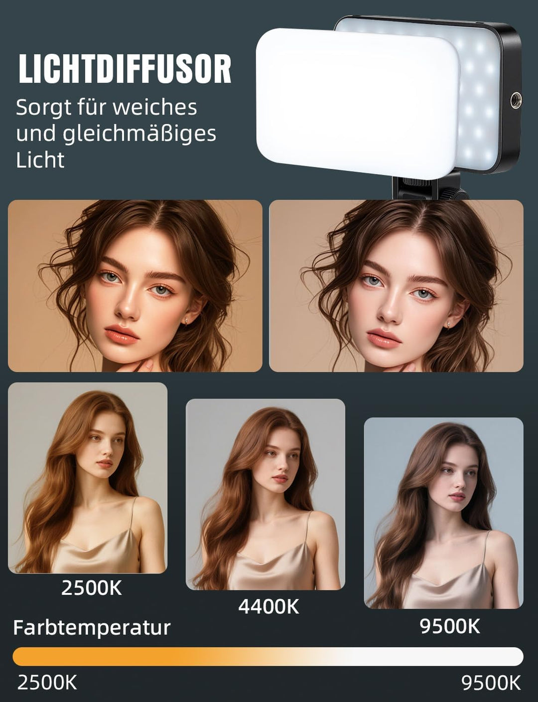 YOHOOLYO Selfie Licht Handy mit Weichem Diffusor und Ständer 2500K-9500K CRI 95+ Rechargeable Fotoli