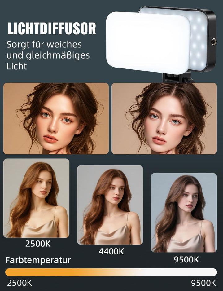 YOHOOLYO Selfie Licht Handy mit Weichem Diffusor und Ständer 2500K-9500K CRI 95+ Rechargeable Fotoli
