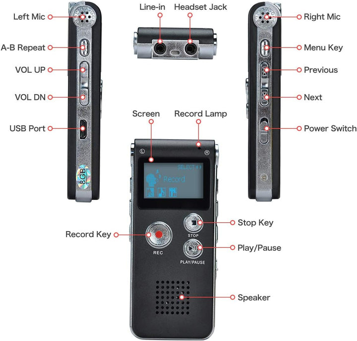 Lychee 8GB LCD Bildschirm Digitales Diktiergerät Aufnahmegerät Sprachaufnahme Audiorekorder Voice Re
