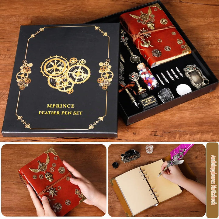 Schreibfeder Tinte Set Leder Notizbuch mit Quill Stift, 5 austauschbare Federn, Siegel Stempel, Löff