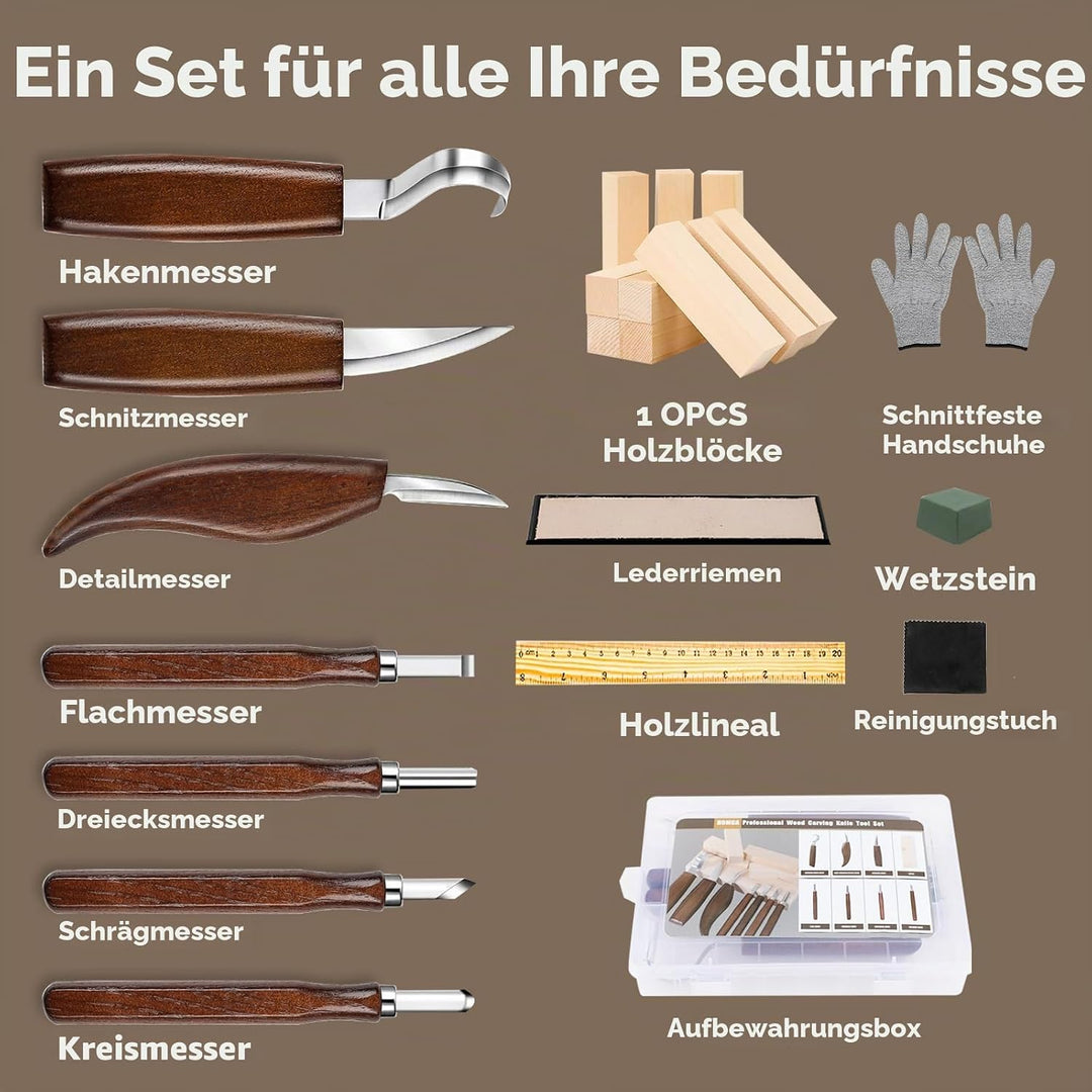HOMCA Holz Schnitzwerkzeug Set, 23 in 1 Schnitzset mit 7 Schnitzmesser für Kinder&amp;Erwachsene, Holzwe