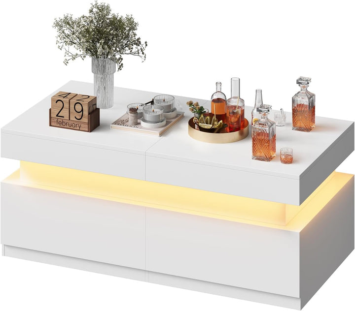 YOUDENOVA Couchtisch Weiss mit Stauraum, Wohnzimmertisch Hochglanz mit 7 Farbiger LED Beleuchtung, A