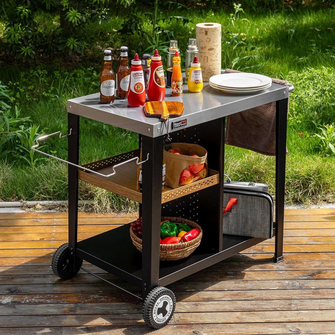 Royal Gourmet Grilltisch mit 85x50 cm Edelstahlplatte 3-Etage Grillwagen für Tischgrill und Pizzaöfe
