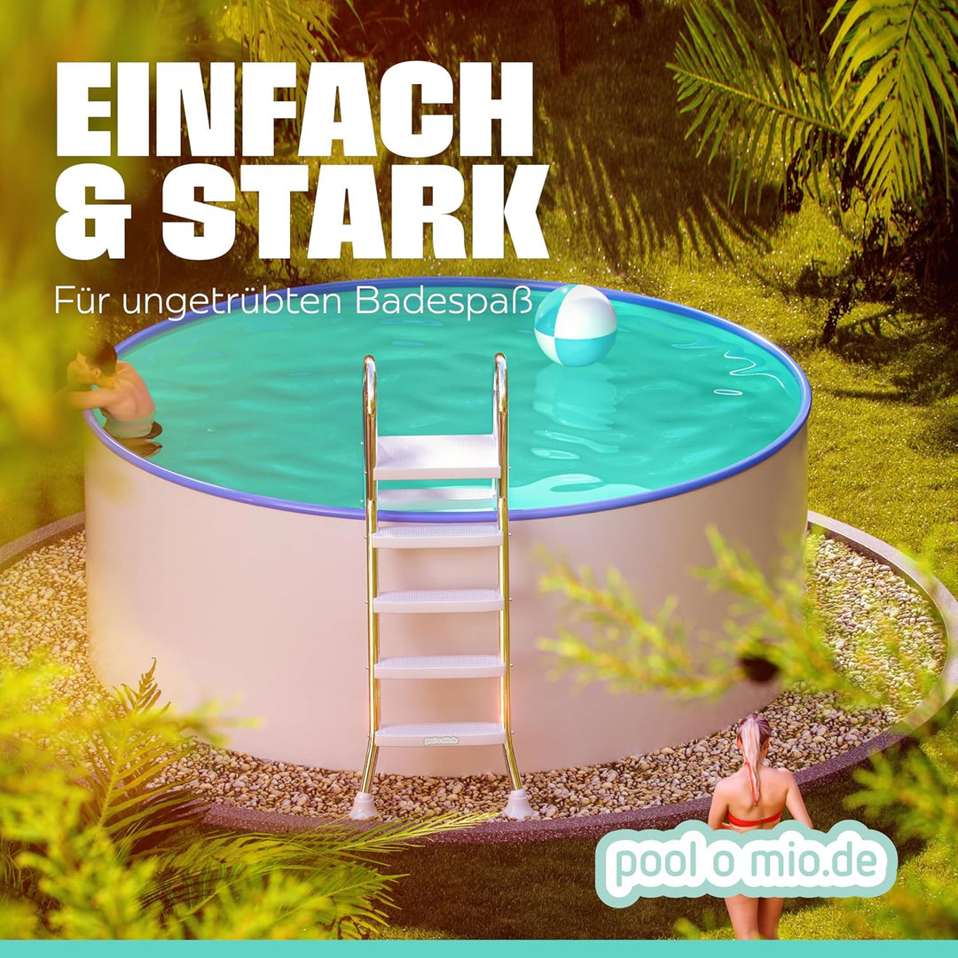 poolomio® Poolleiter Edelstahl mit Handlauf bis 132 cm | Einstiegsleiter mit 4 Stufen für Aufstellpo