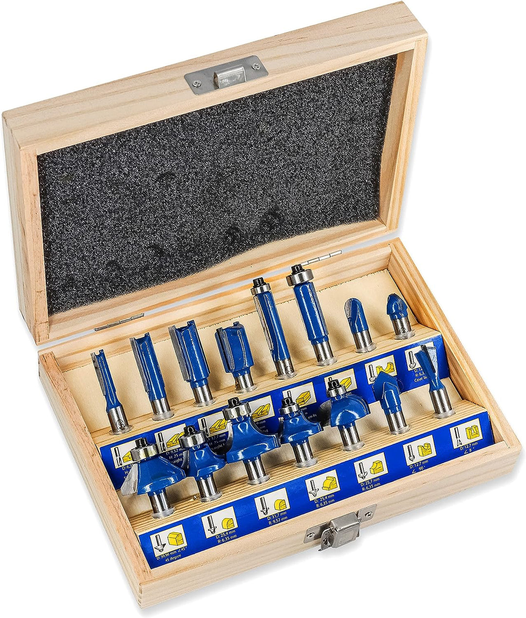 S&R Holzfräser-Set HM 15-tgl., Holzfräs-Bits für 8mm Schaft, Holzkoffer, geschmiedeter Werkzeugstahl