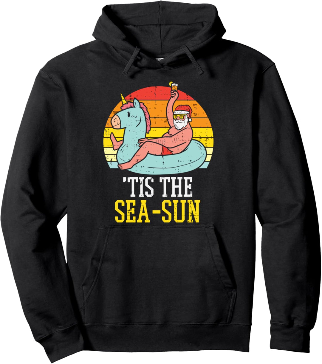Tis The Sea Sun Santa Unicorn Float Summer Christmas In July Pullover Hoodie
