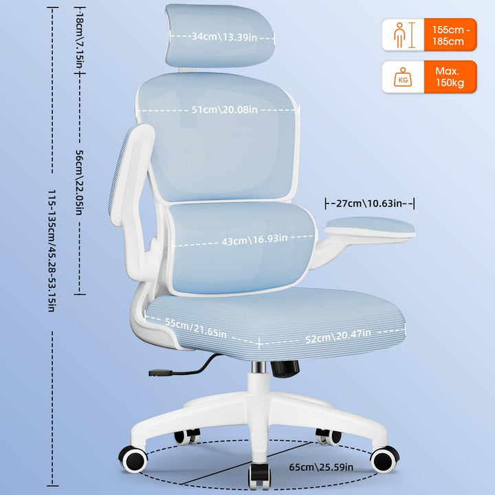 Aiidoits Bürostuhl, Ergonomischer Bürostuhl mit Klappbaren Armlehnen, Verstellbarer Kopfstütze und L