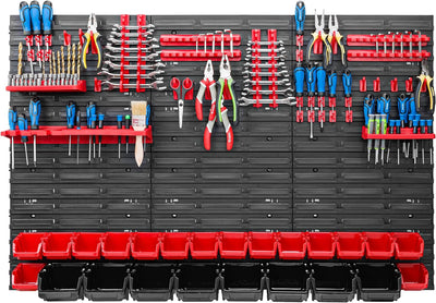 Lagersystem Werkstattregal | 117 x 78 cm | 24 stck. Box | Wandregal mit Werkzeughalterungen und Stap