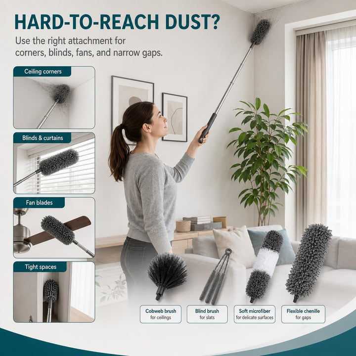 12 Stück Staubwedel Teleskop Set, Staubwedel Lang Ausziehbar bis 245 cm, waschbarer Spinnenwebenentf
