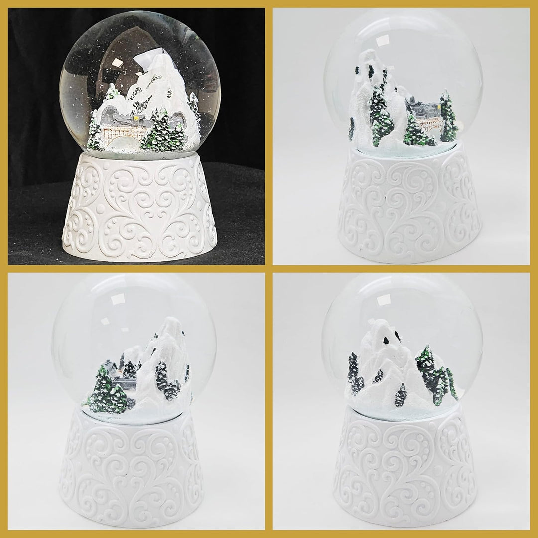 Weihnachts-Schneekugel mit Musik | Berglandschaft mit Brücke | Sockel weiss Ornament | 100mm breit,