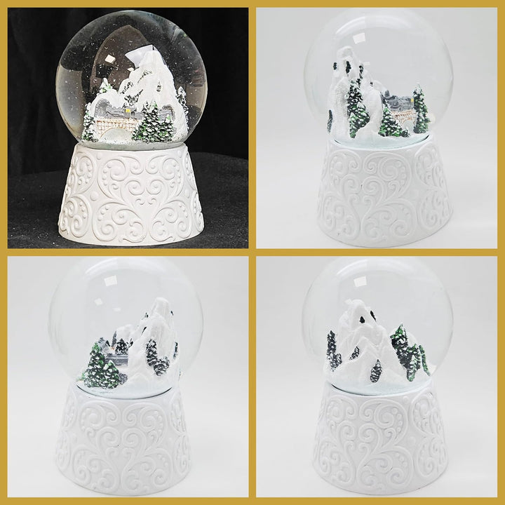 Weihnachts-Schneekugel mit Musik | Berglandschaft mit Brücke | Sockel weiss Ornament | 100mm breit,