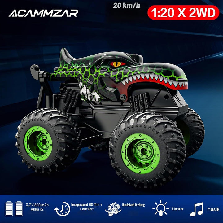 ACAMMZAR Ferngesteuertes Auto Dinosaurier, 2.4GHz 20+km/h Ferngesteuertes RC Monster Truck mit 2 Akk