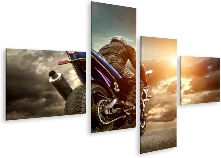 islandburner Bild auf Leinwand Mann Sitzt Auf Dem Motorrad Auf Asphalt Unter Himmel Mit Wolken Bilde