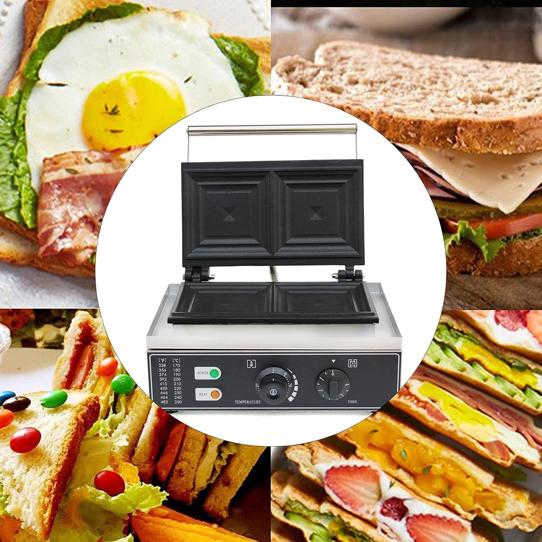 Gewerbliche Sandwich-Maschine 1500W, Doppelte Grillplatten 15x15cm – 5 Min Timer, 50-300°C für Cafés
