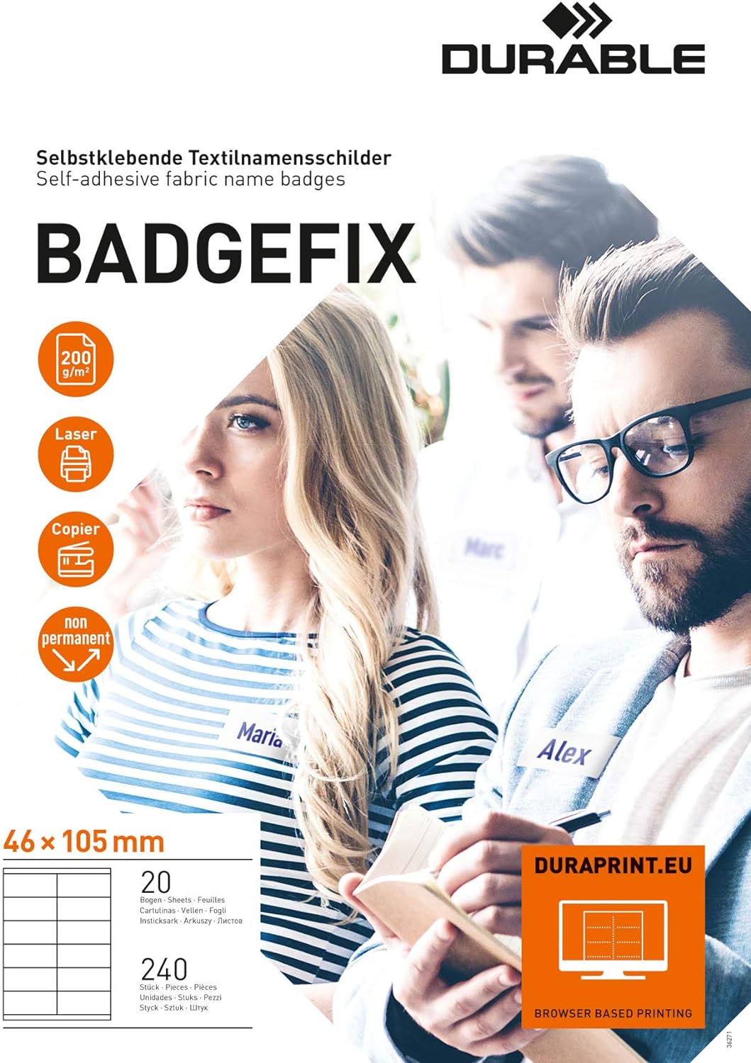 Durable Selbstklebe-Namensschild Badgefix, 46 x 105 mm, weiss, 240 Stück, 836302