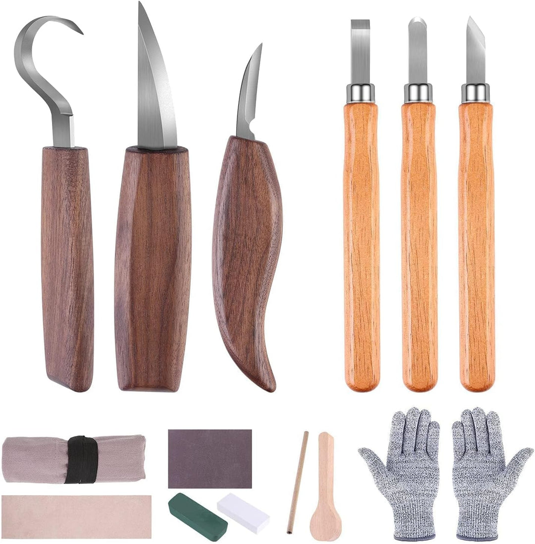 Holz Schnitzwerkzeug Set - 14 STK Schnitzmesser Holz Schnitzen Set mit Schleifstein für Erwachsene K