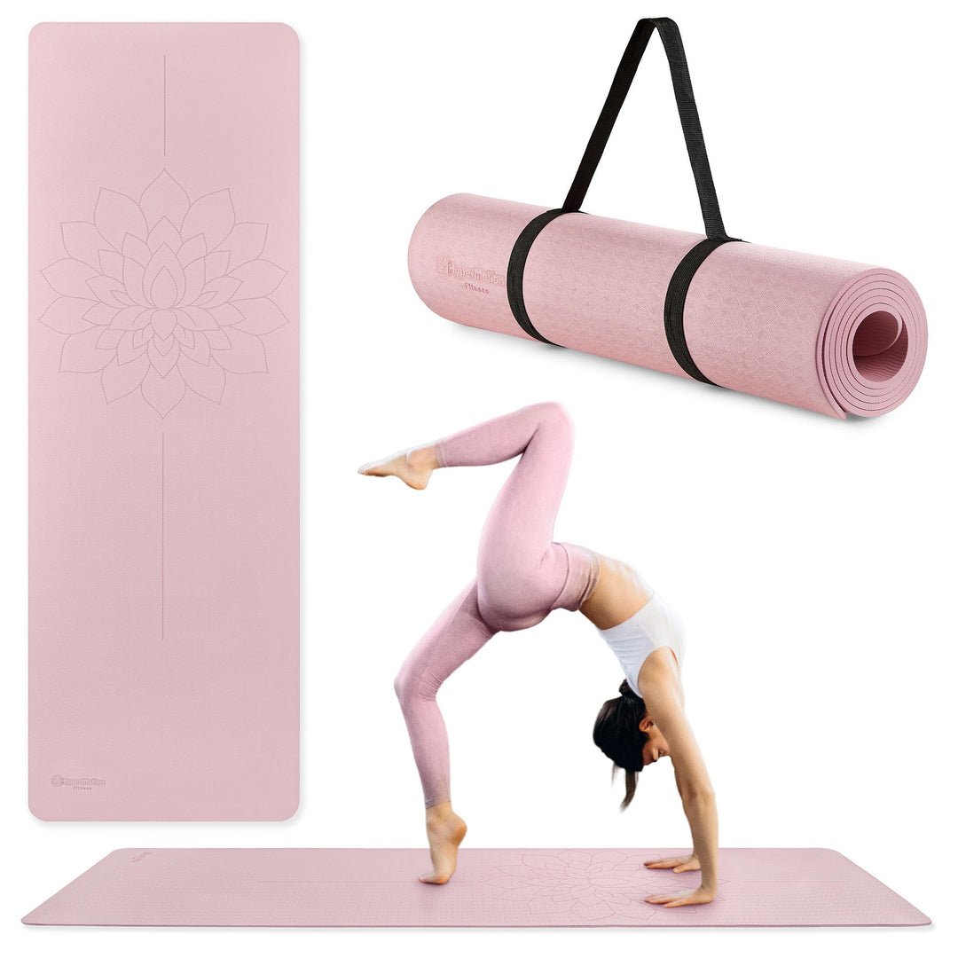 HyperMotion Yogamatte Fitnessmatte NBR 183x61x0,8 cm Schwarz, Rutschfest 8 mm, mit Tragegurt und Str