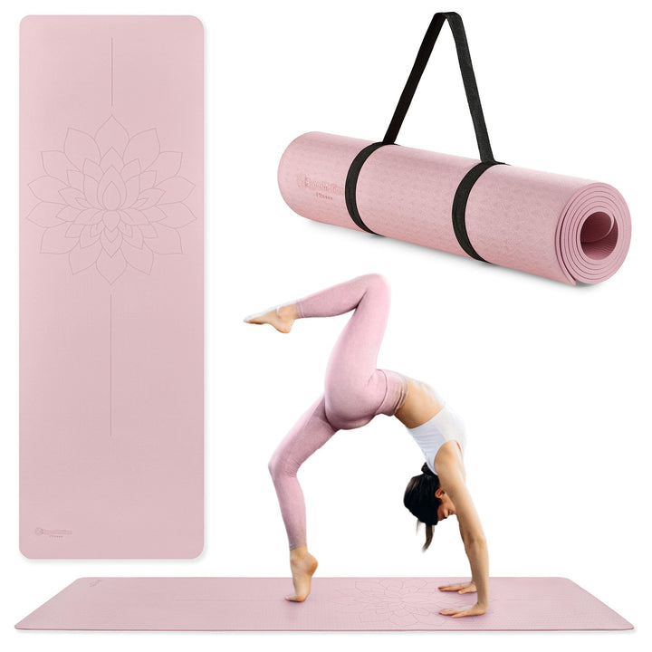 HyperMotion Yogamatte Fitnessmatte NBR 183x61x0,8 cm Schwarz, Rutschfest 8 mm, mit Tragegurt und Str