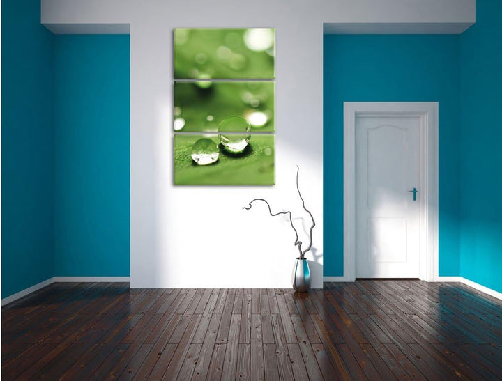 Pixxprint Wassertropfen auf Blatt als Leinwandbild | Grösse: 3 Teilig (120x80) | Wandbild| Kunstdruc