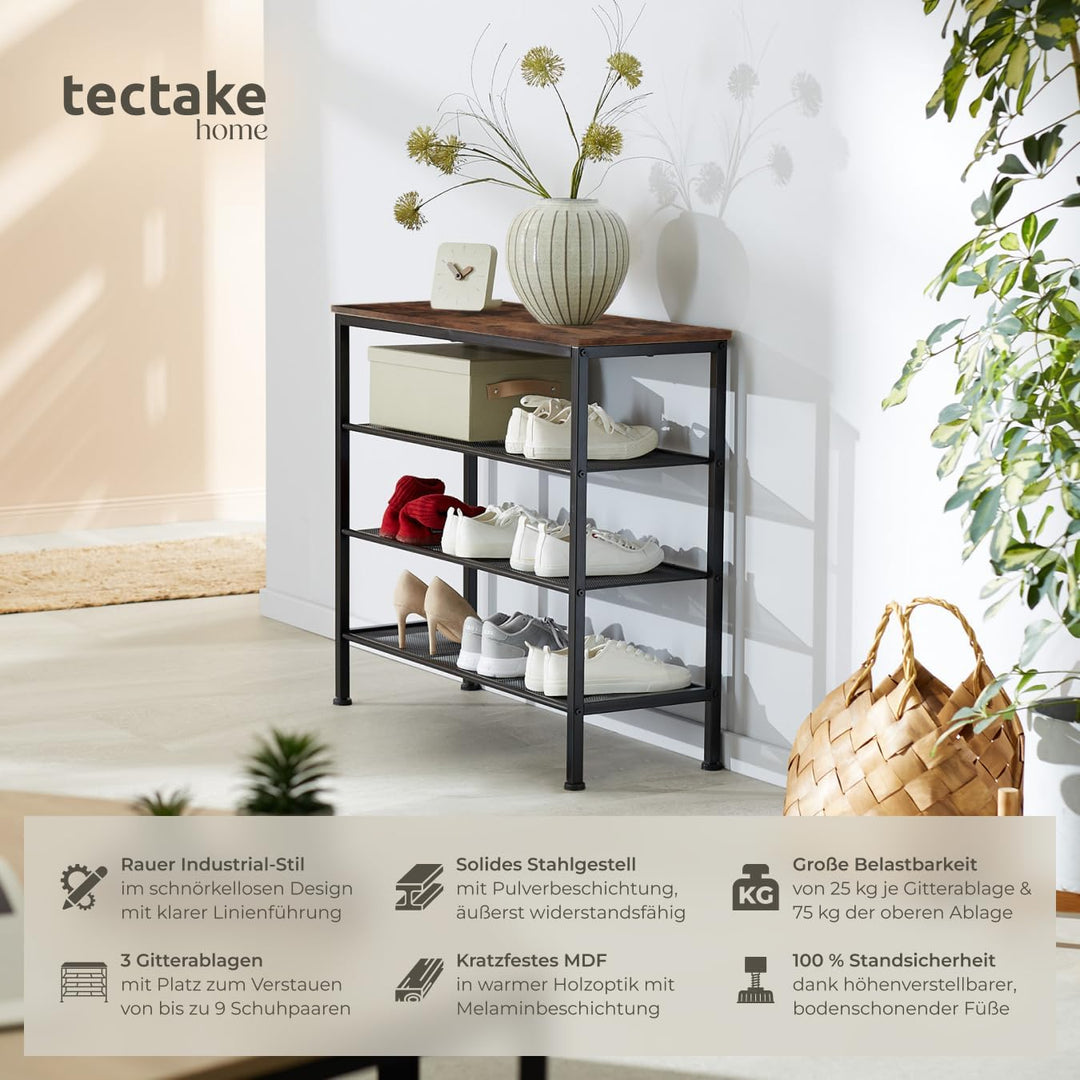 tectake 800955 Schuhregal schmal mit Ablagefläche, Schuhablage aus Holz Metall, Industrie-Design, 4