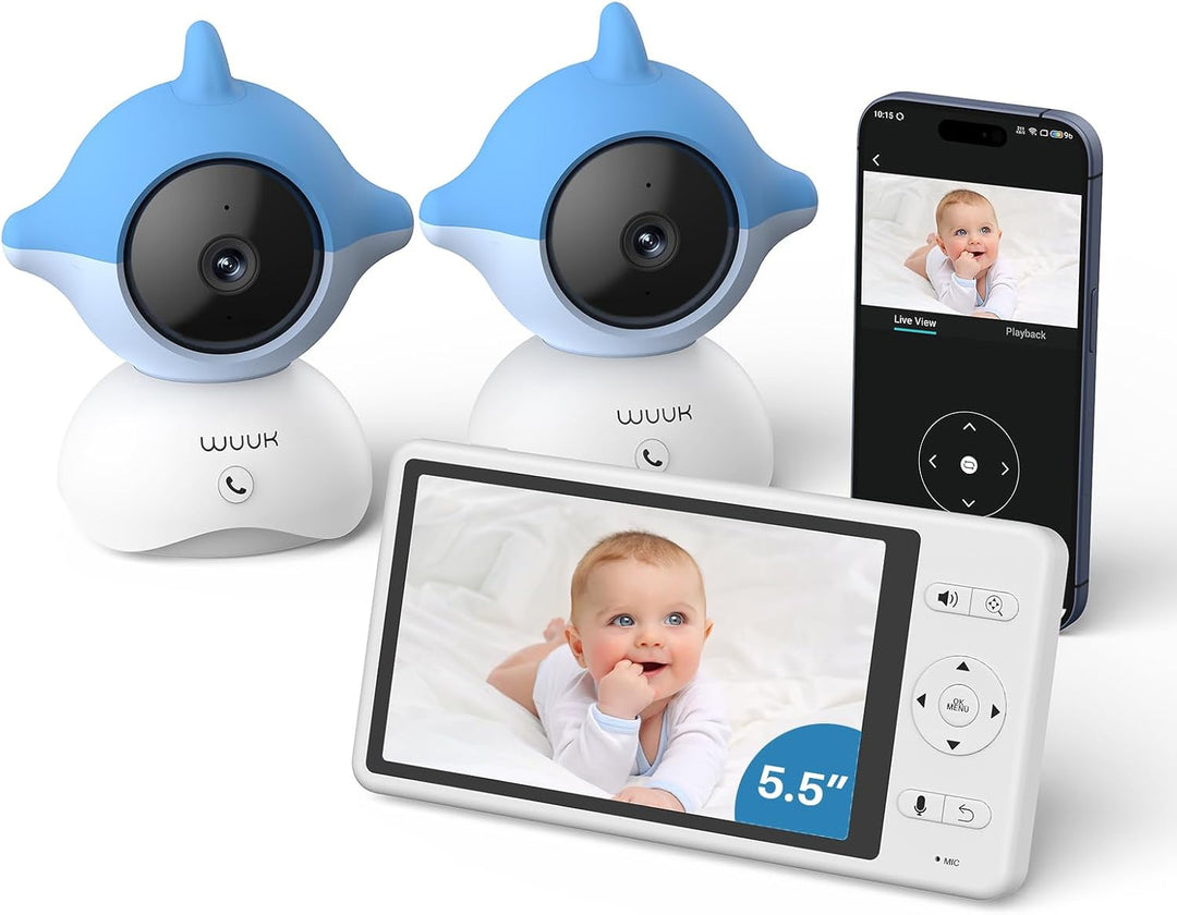 WUUK 2K Babyphone mit Kameras und App, 5.5 Zoll Display mit 360° PTZ Baby Monitor, 135° Weiter Blick