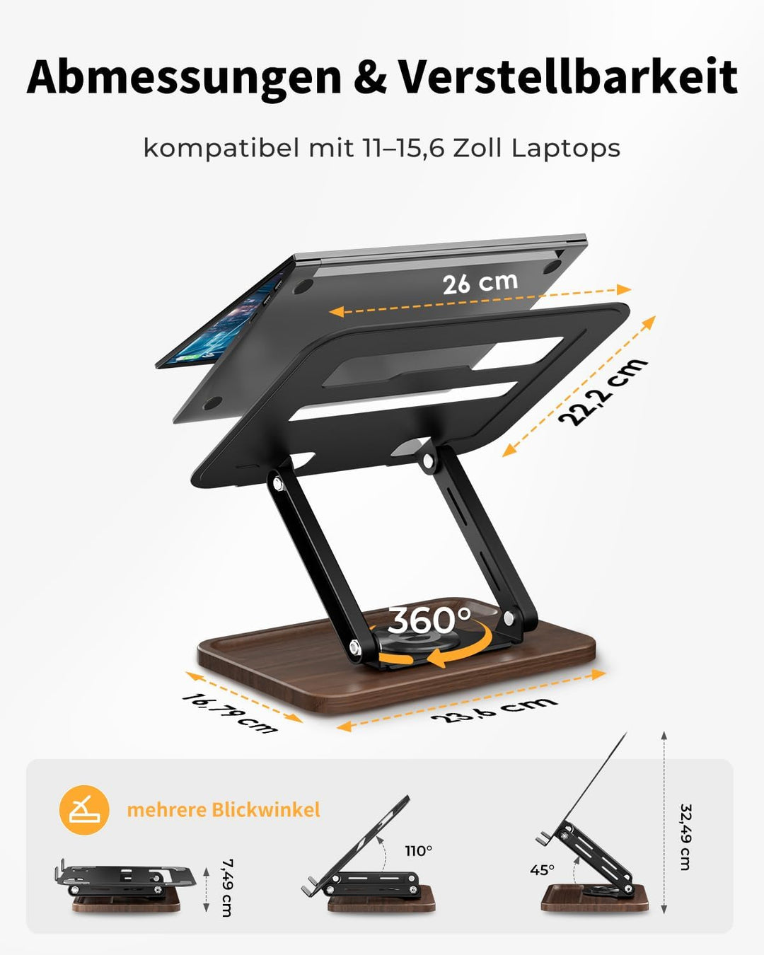 SupeDesk Laptop Ständer mit 360° drehbarer hölzerner Basis,verstellbarer Laptopständer mit Staufach,