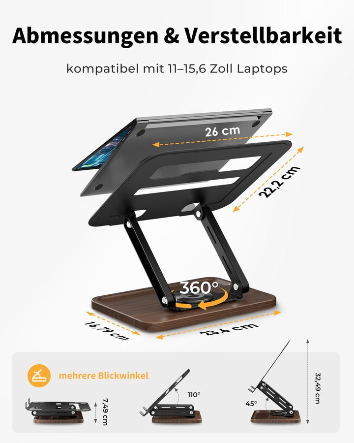 SupeDesk Laptop Ständer mit 360° drehbarer hölzerner Basis,verstellbarer Laptopständer mit Staufach,