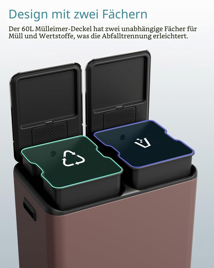 Clevich Mülleimer Küche,2 x 30 Liter Treteimer mit Geruchsfilter,Mülltrennsystem 2 Fächer,Metall Dop