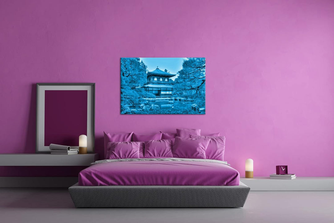 deyoli asiatisches Landhaus Format 100x70 Effekt: Monocrome Blau als Leinwandbild, Motiv fertig gera