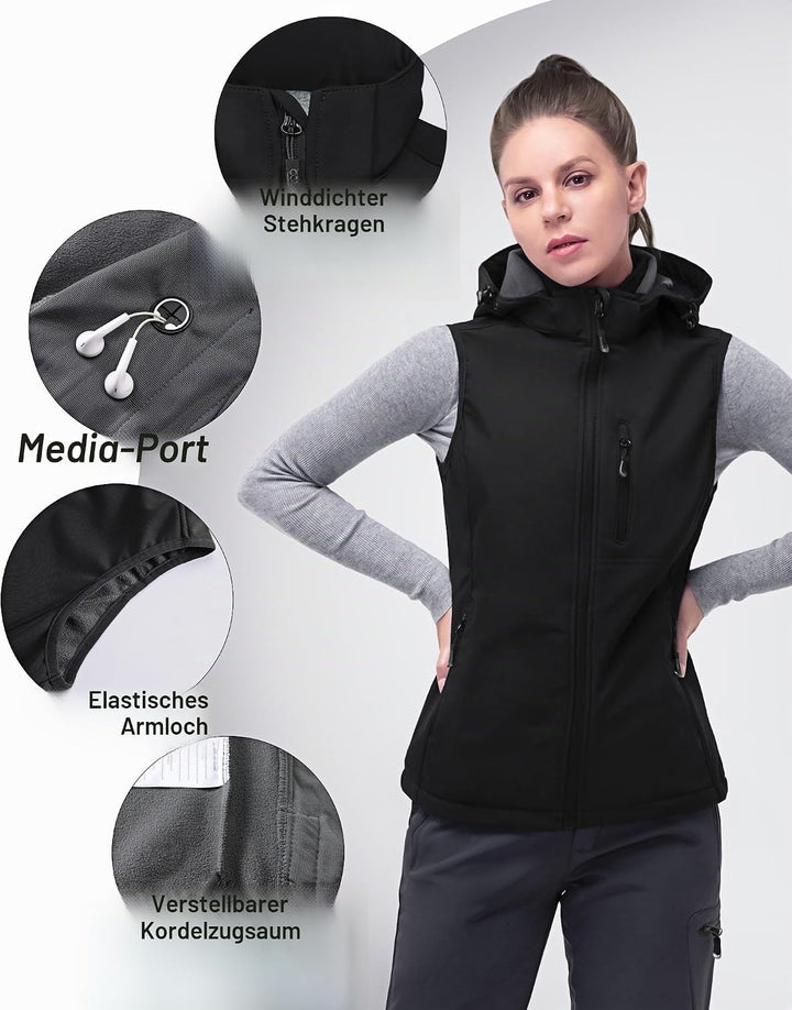 33,000ft Damen Softshell Westen mit Abnehmbare Kapuze Fleece Gefütterte Ärmellose Jacke Wasserdichte