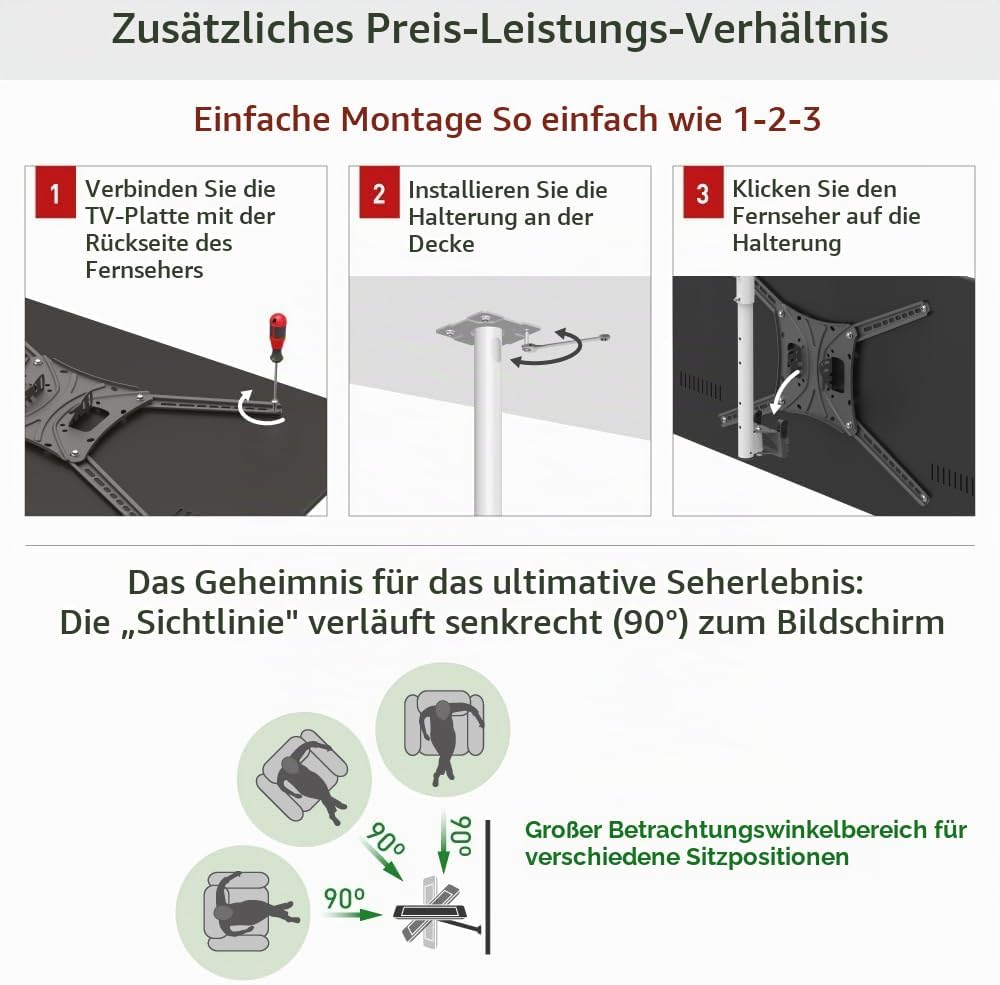 Barkan Lange Weiss TV Deckenhalterung, 13 - 75 Zoll Neigbar / Vollbewegung flach &amp; Curved Fernseher