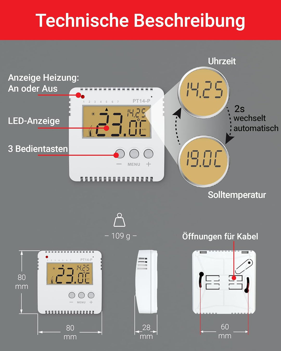 ELEKTROBOCK PT14-P Digitaler Raumthermostat 230V - Programmierbarer Wandthermostat mit grossem beleu