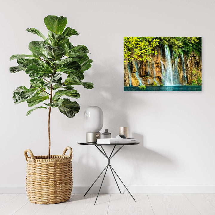 Feeby Wanddeko Natur Leinwandbild Kunstdruck Wasserfall Grün 90x60 cm