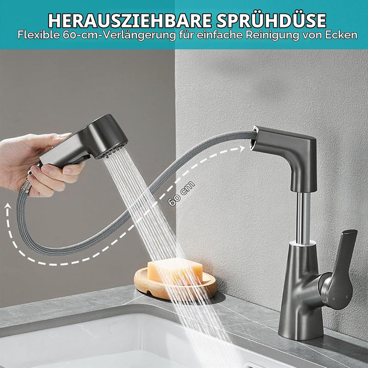 Wasserhahn Küche Ausziehbar mit Brause | Hochdruck, 360° Drehbar, 2 Wasserstrahlarten, 60cm Schlauch