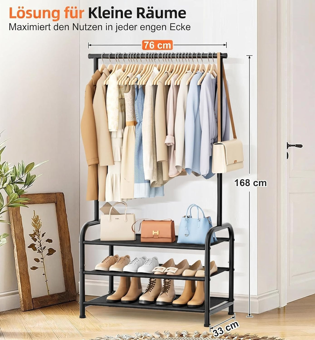 MISSLO 76CM Stabil Kleiderständer – freistehende Klein Kleiderstange mit 3-stufiger Schuhorgansation