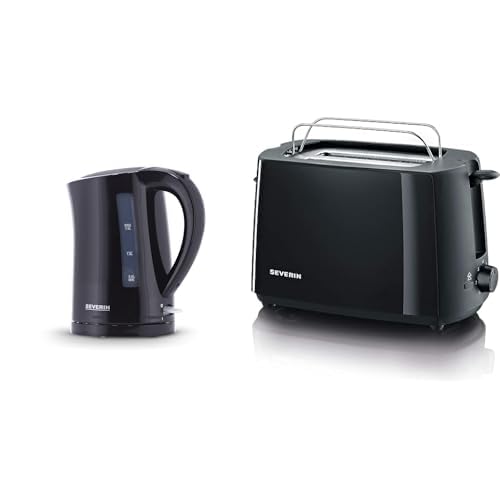 SEVERIN Wasserkocher, 1,5 L, ca. 2.200 W, WK 3498, Schwarz & 2287-000 Automatik-Toaster, Inkl. Brötc
