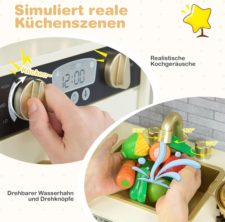 GOPLUS Kinderküche aus Holz, Kinderspielküche mit Mikrowellen, Backofen, Wasserbecken, Kreidetafel &