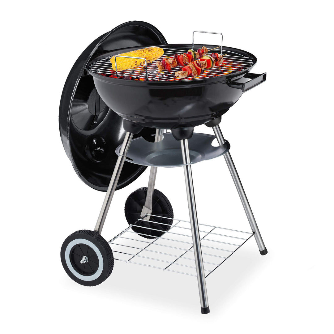 Relaxdays Kugelgrill mit Deckel, Ablage & Aschetopf, fahrbar, Garten & Camping, Grill ∅ 40 cm, Holzk