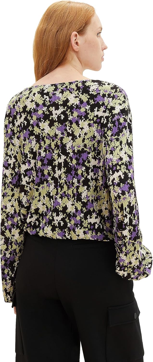 TOM TAILOR Denim Damen Denim T-Shirt Bluse mit Muster XS 32418 - Lilac Green Flower Print, XS 32418