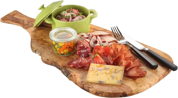 Batania Olivenholzbrett, Brotzeitplatte, Holzbrett mit Griff | ca. 40 x 18 cm 40x15-20 cm, 40x15-20