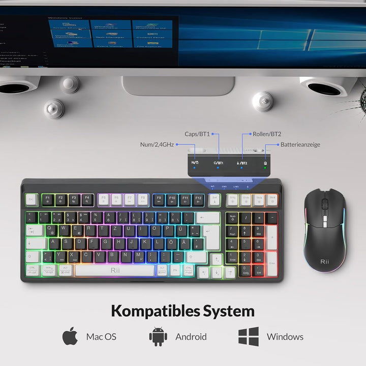 Rii Maus und Tastatur Kabellos Gaming, Tastatur Maus Set, Bluetooth + 2,4GHz Verbindung, LED-Hinterg