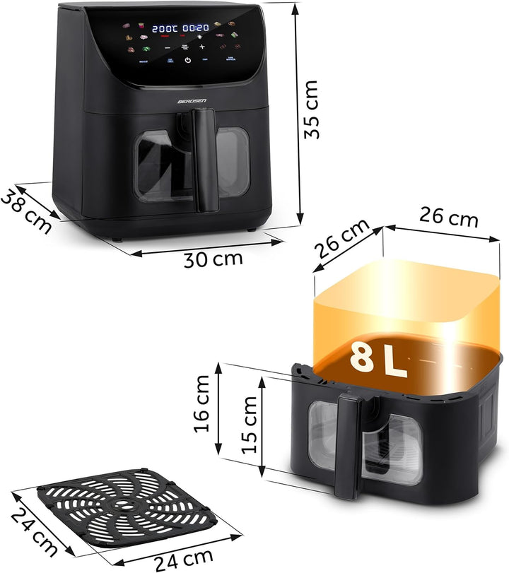 Berdsen Heissluftfritteuse XXL 8L - Airfryer mit Sichtfenster und Touchscreen - 1700W - 12 Programme