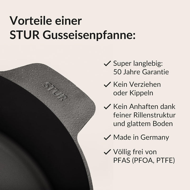 STUR - ORIGINAL PREMIUM-Set Gusseisenpfanne Induktion 24cm &amp; 28cm inkl. 2x Echtleder Griffschutz, Pf