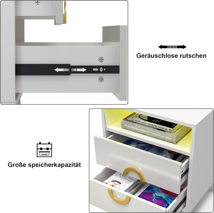 Lvhecforhm 2er Set Nachttisch Weiss, Nachttische Hochglanz Front, Nachttisch mit 2 Schubladen, Nacht